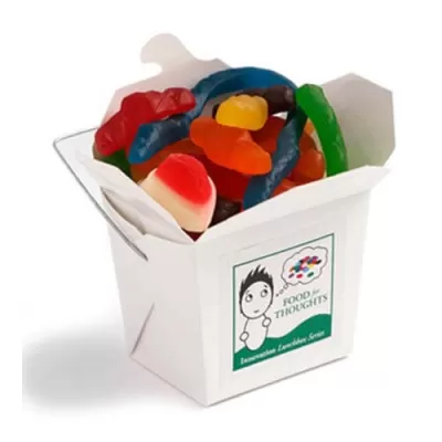 branded 100g Mixed Lollies Packed in White Cardboard Noodle Boxes, from our range of promotional Lollies & Sweets