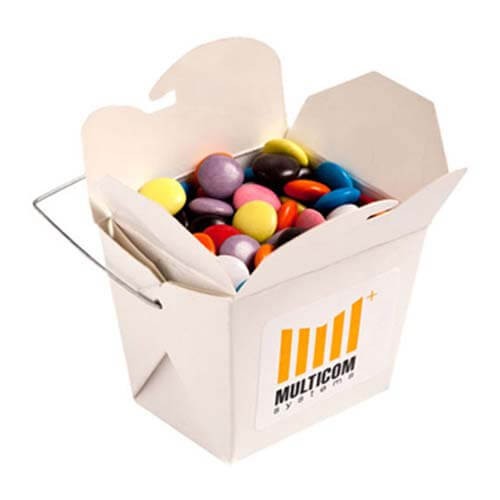 branded 100g Chocolate Beans Packed in White Cardboard Noodle Boxes, from our range of promotional Branded Chocolates