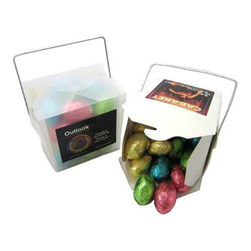 branded 100g Mini Chocolate Easter Eggs Packed in White Noodle Boxes, from our range of promotional Branded Chocolates