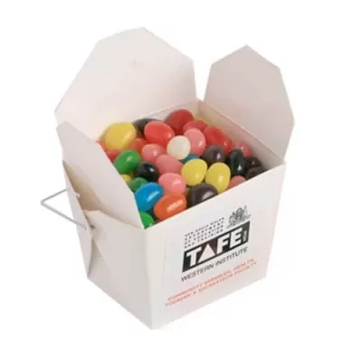 branded 100g Jelly Beans Packed in White Cardboard Noodle Boxes, from our range of promotional Promotional Jelly Beans