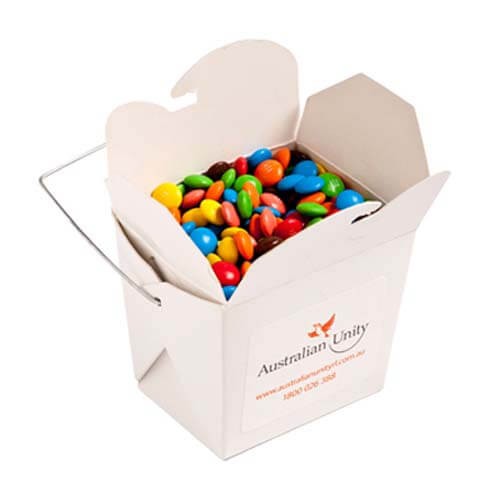 branded 100g M&Ms Packed in White Cardboard Noodle Boxes, from our range of promotional M&M's