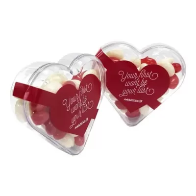 branded 50g Jelly Beans Packed in Acrylic Hearts, from our range of promotional Promotional Jelly Beans