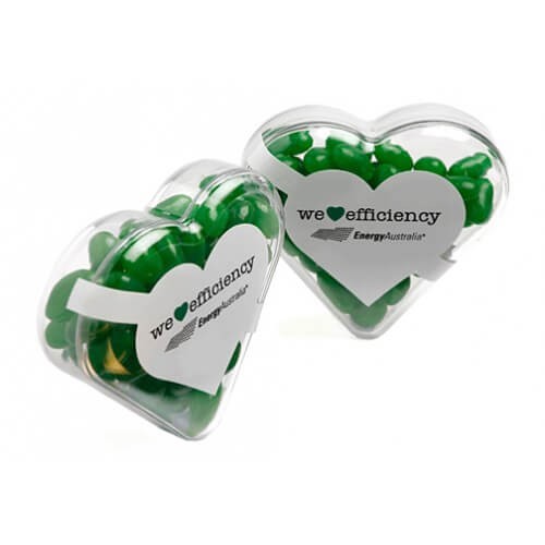 branded 50g Jelly Beans Packed in Acrylic Hearts, from our range of promotional Promotional Jelly Beans