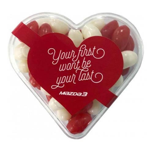 branded 50g Jelly Beans Packed in Acrylic Hearts, from our range of promotional Promotional Jelly Beans