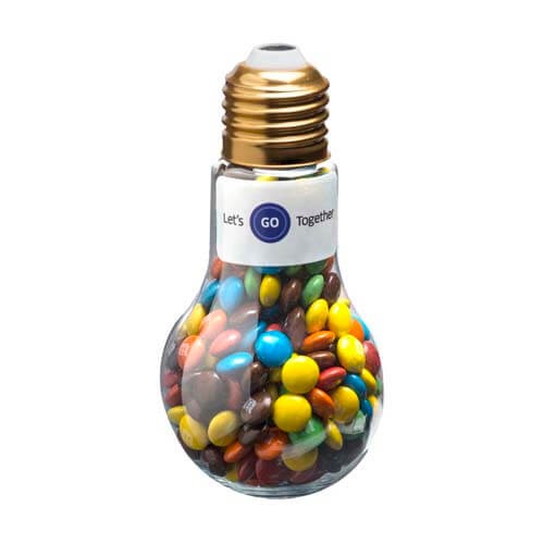 branded 100g M&amp;Ms Packed in Light Bulbs, from our range of promotional M&amp;M's
