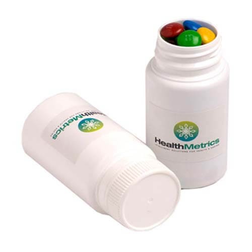 branded 120g M&Ms Packed in Pill Bottles, from our range of promotional M&M's