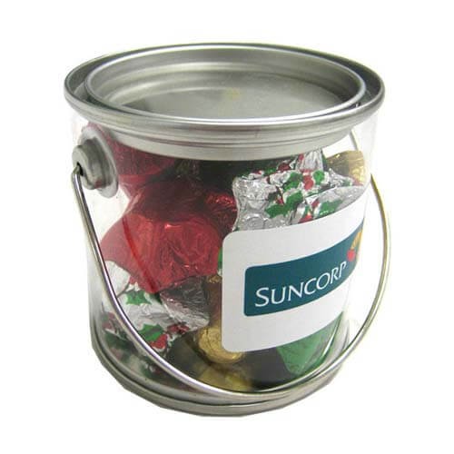 branded 100g Christmas Chocolates Packed in Small PVC Buckets, from our range of promotional Branded Chocolates