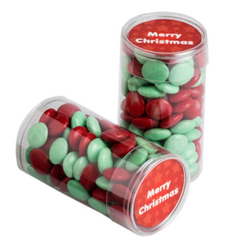 branded 100g Christmas Chocolate Beans Packed in Pet Tubs, from our range of promotional Branded Chocolates