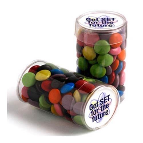 branded 100g Chocolate Beans Packed in Pet Tubs, from our range of promotional Branded Chocolates