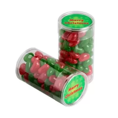 branded 100g Christmas Jelly Beans Packed in Pet Tubs, from our range of promotional Promotional Jelly Beans