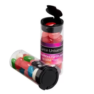 branded 35g Jelly Beans Packed in Flip Lid Tubes, from our range of promotional Promotional Jelly Beans