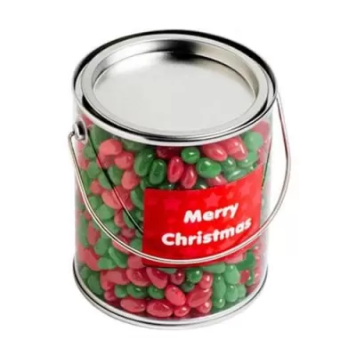 branded 950g Christmas Jelly Beans Packed in Big PVC Buckets, from our range of promotional Promotional Jelly Beans