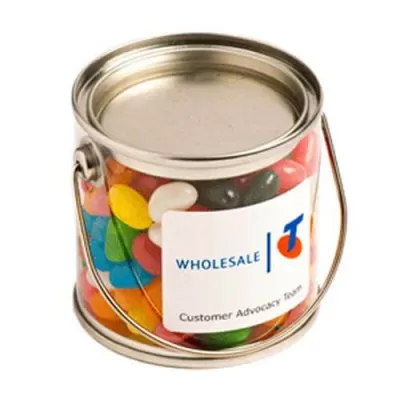 branded 180g Jelly Beans Packed in Small PVC Buckets, from our range of promotional Promotional Jelly Beans