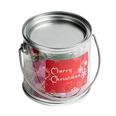branded 120g Christmas Twist Wrapped Boiled Lollies Packed in Small PVC Buckets, from our range of promotional Humbugs & Rock...