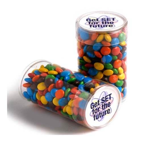 branded 100g M&amp;Ms Packed in Pet Tubs, from our range of promotional M&amp;M's
