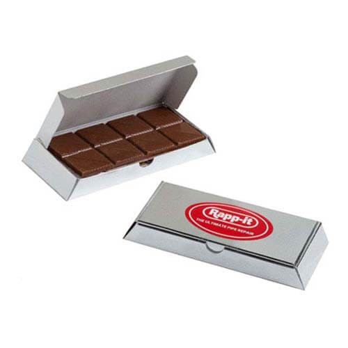 branded 30g Milk Chocolate Bar Packed in Silver Box, from our range of promotional Chocolate Bars &amp; Boxes