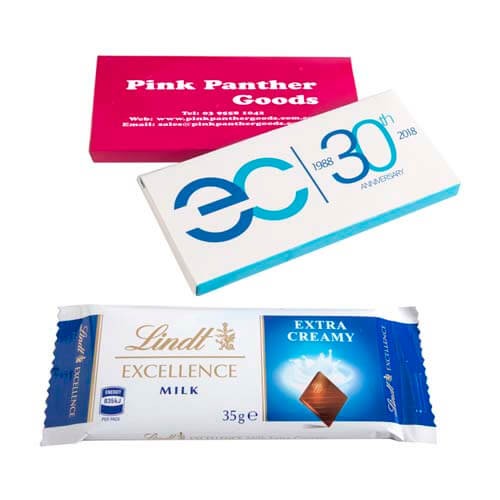 branded 35g Lindt Chocolate Bar Packed in customisable Box, from our range of promotional Chocolate Bars & Boxes