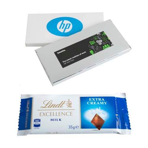 branded 35g Lindt Chocolate Bar Packed in silver or white Box - Custom label, from our range of promotional Chocolate Bars & ...