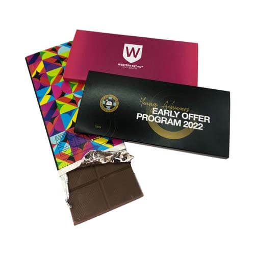 branded 100g Chocolate Bar Silver foil Packed in Glossy White Box, from our range of promotional Chocolate Bars & Boxes