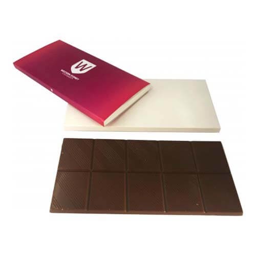 branded 100g Chocolate Bar Silver foil Packed in Glossy White Box, from our range of promotional Chocolate Bars &amp; Boxes