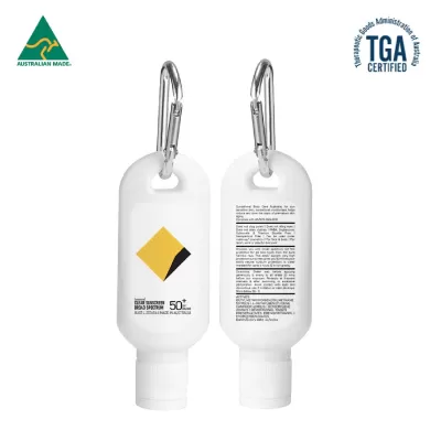 branded 30ml Australian Made Spf50 Sunscreen Lotion With Carabiner, from our range of promotional Hand Sanitisers & Wipes