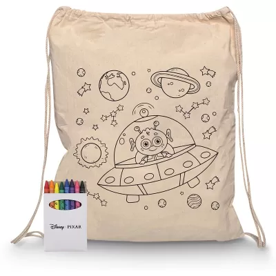 Squiggle Calico Drawstring Bag with Crayons
