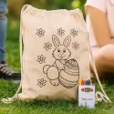 Squiggle Calico Drawstring Bag with Crayons