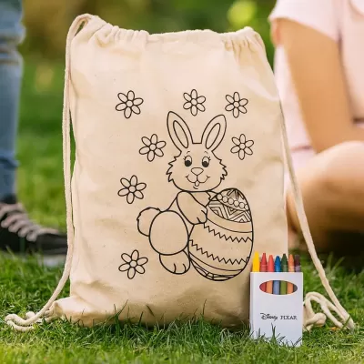 Squiggle Calico Drawstring Bag with Crayons