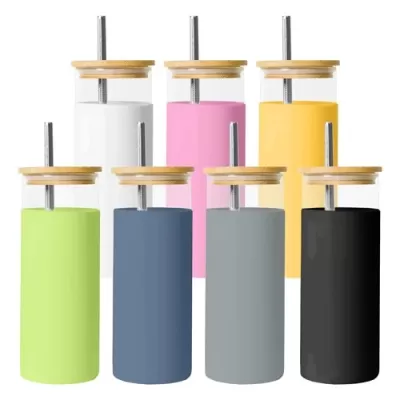 Vanisa 480ml Bamboo Lid Glass Drink Bottle with Sleeve
