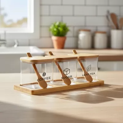 Kitchen Bamboo Lid Glass Condiment Jar