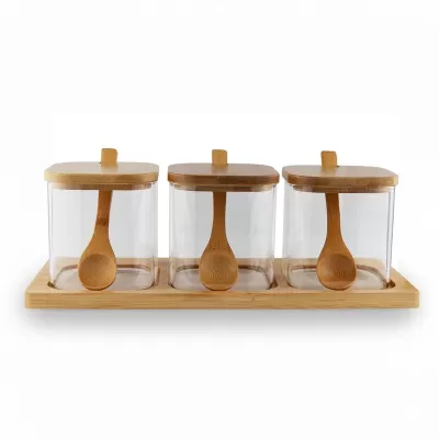 Kitchen Bamboo Lid Glass Condiment Jar