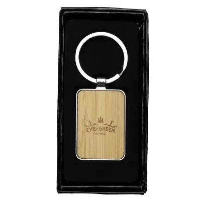 Recycled Rectangle Zinc Alloy Keyring with Bamboo