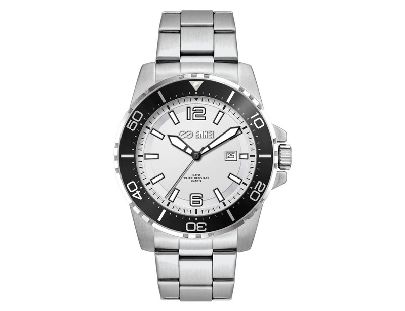 Sports Watch with White Dial and Stainless Steel Strap