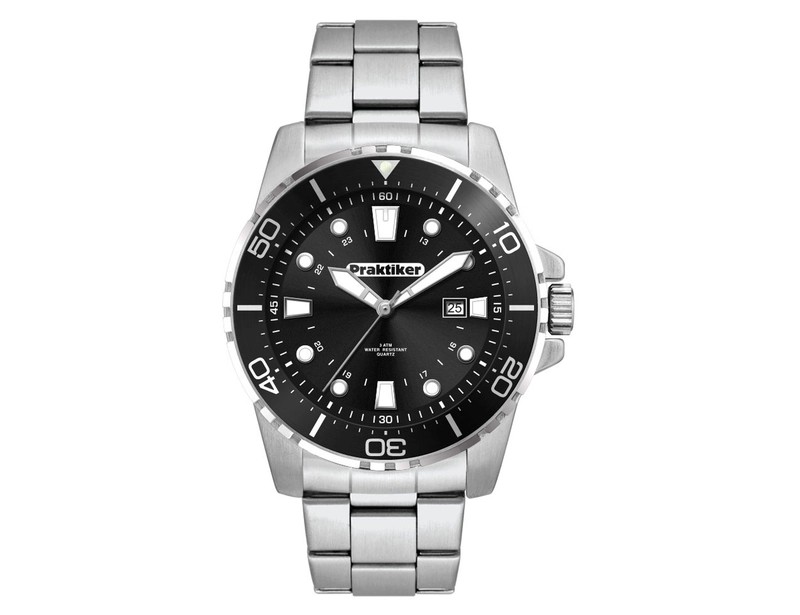 Sports Watch with Black Dial and Stainless Steel Strap