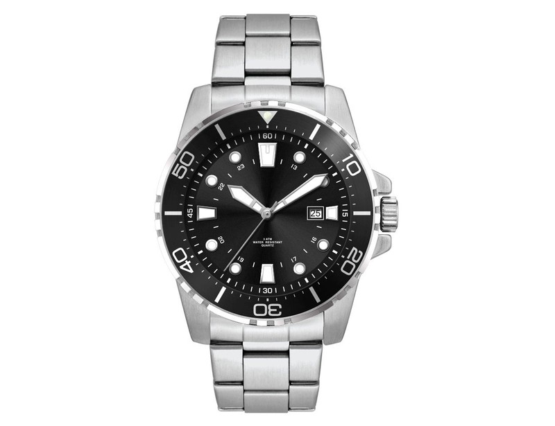 Sports Watch with Black Dial and Stainless Steel Strap