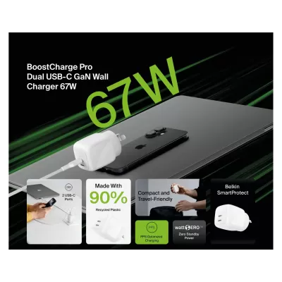 Belkin BoostCharge Pro 67W Dual USB-C GaN Wall Charger