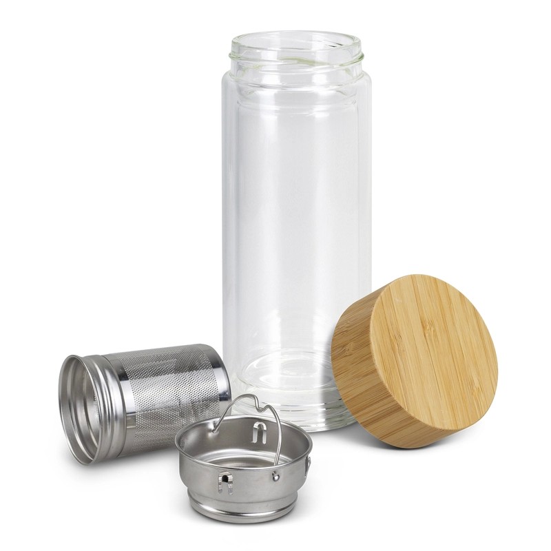 Tea Infuser 350ml Bamboo Lid Borosilicate Glass Bottle