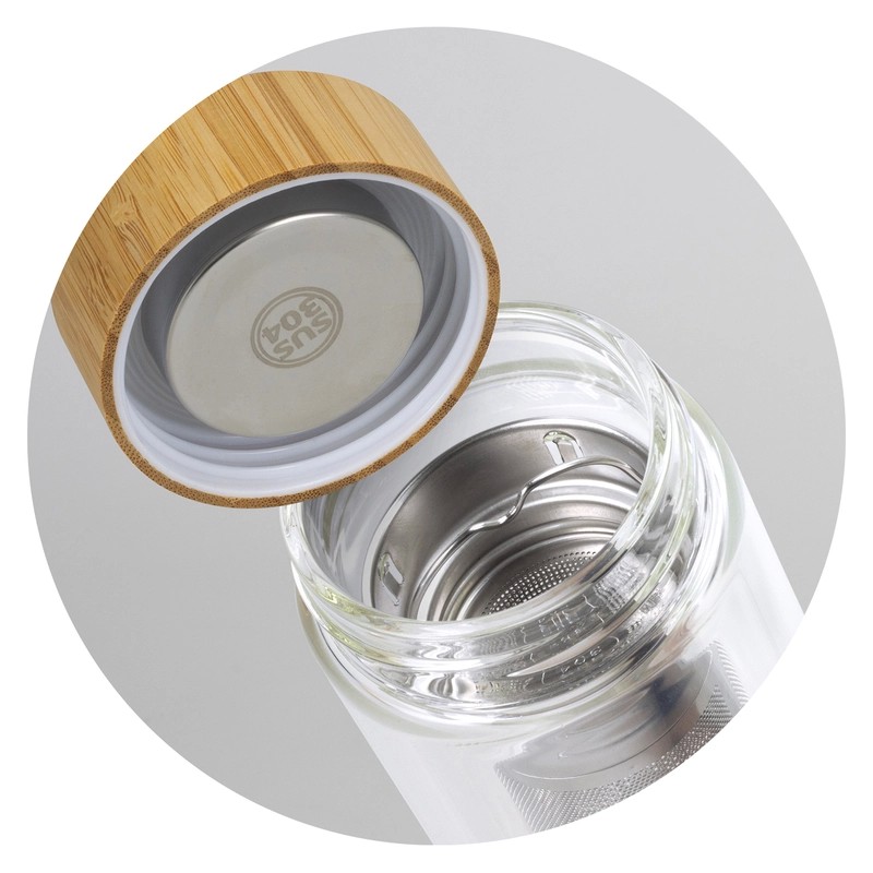 Tea Infuser 350ml Bamboo Lid Borosilicate Glass Bottle