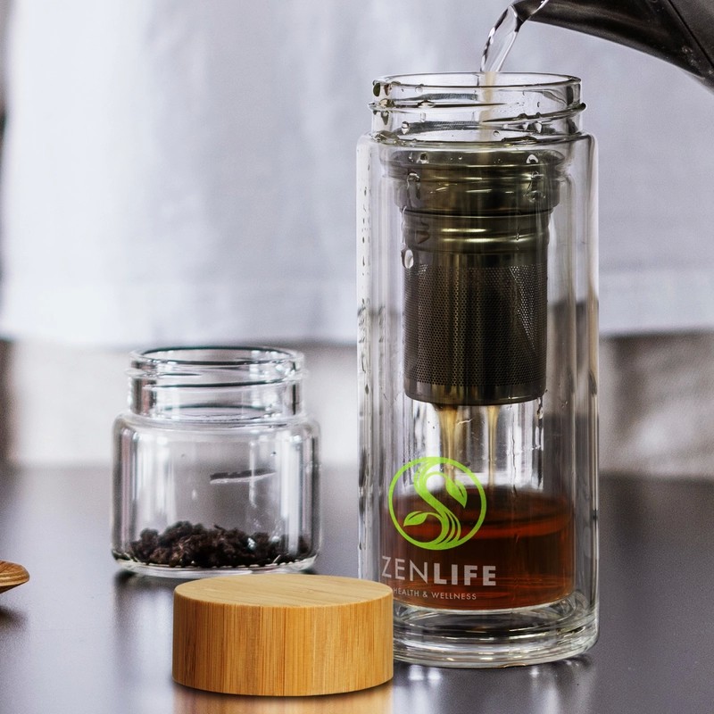 Tea Infuser 350ml Bamboo Lid Borosilicate Glass Bottle