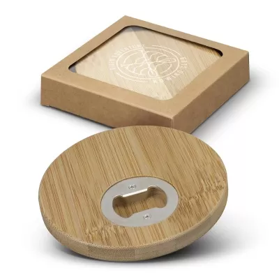 2 Piece Round Bamboo Bottle Opener Coaster Set