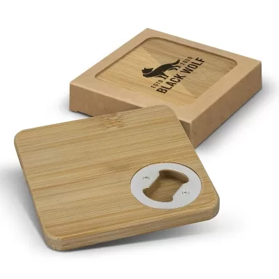 2 Piece Square Bamboo Bottle Opener Coaster Set
