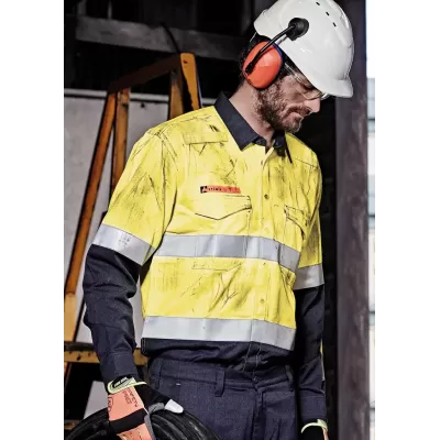 Mens Orange Flame Hi Vis Open Front Spliced Shirt - Hoop Taped