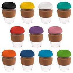 branded 340ml Glass Karma Kup Cork Band Silicon lid, from our range of promotional Reusable Coffee Cups - Glass