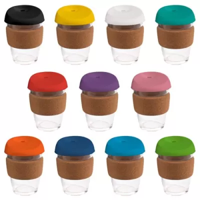 branded 340ml Glass Karma Kup Cork Band Silicon lid, from our range of promotional Reusable Coffee Cups - Glass