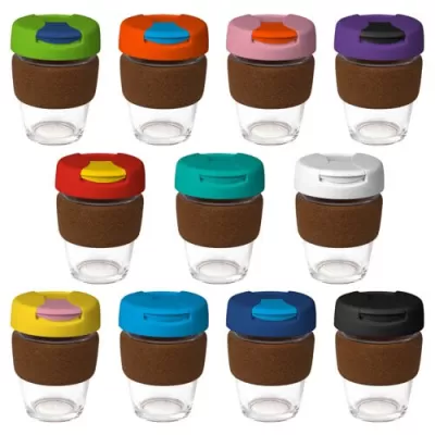 branded 340ml Glass Karma Kup Cork Band Plastic Flip Lid, from our range of promotional Reusable Coffee Cups - Glass