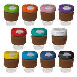 branded 235ml Glass Karma Kup Cork Band Plastic Flip Lid, from our range of promotional Reusable Coffee Cups - Glass