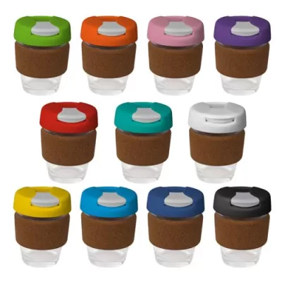 branded 235ml Glass Karma Kup Cork Band Plastic Flip Lid, from our range of promotional Reusable Coffee Cups - Glass
