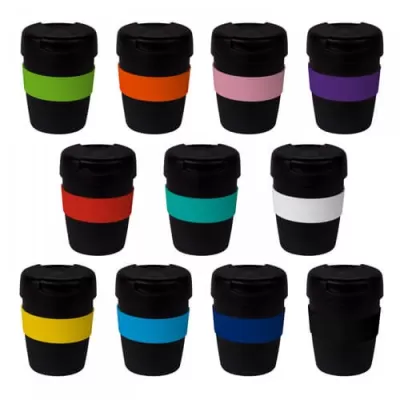branded 235ml Black Stainless Steel Karma Kup Plastic Flip Lid, from our range of promotional Reusable Coffee Cups - Metal